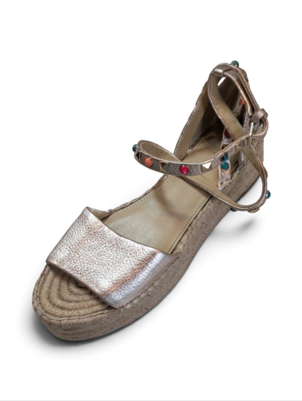 Marc Fisher, Vajen, Metallic Gold Rock Studded Ankle Strap Espadrilles. Sz 7